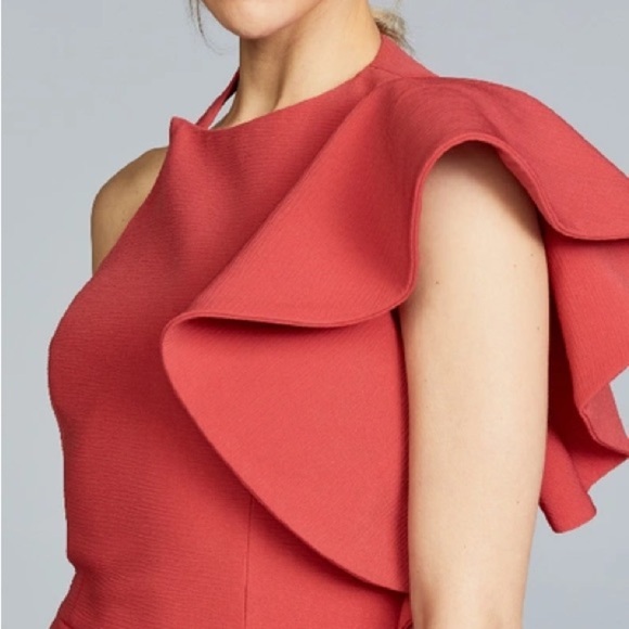 NWT C/MEO COLLECTIVE orange/red rust Ruffle One-Shoulder mini  fit and flare M - Picture 2 of 9